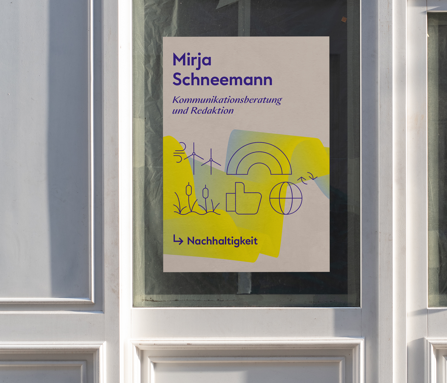 Poster für Mirja Schneemann im Brand Design mit Symbolen für Nachhaltigkeitskommunikation.